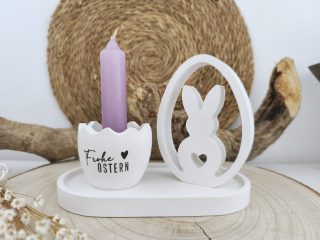 Weiße Osterdekoration mit Ei und Hase und lila Kerze - Osterdeko Set Kerzenhalter handgemacht