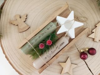 Kerzenset Frohe Weihnachten Geschenk Holzbox mit Kerze und Stern